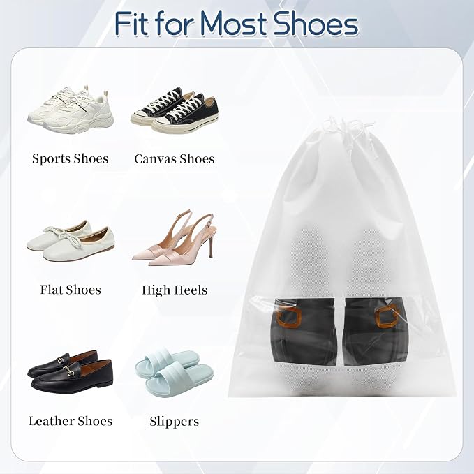 12 Pcs Portable Travel Shoe Bags, 17.3 x 12.6 Inches Waterproof Non-Woven Shoe Organizers Storage Bags, Large Drawstring Shoes Pouch Packing Organizers with Rope for Men, Women, Children (White)