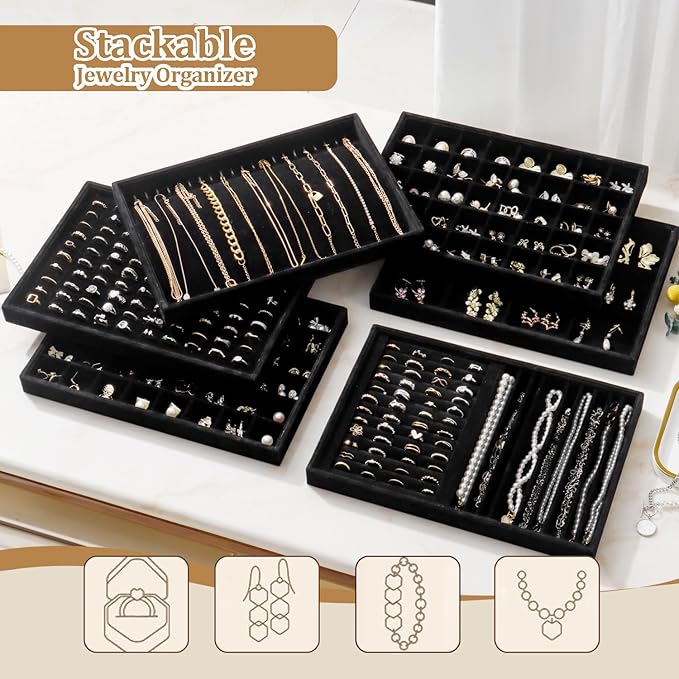 Large Jewelry Organizer for Drawer Insert Velvet Stackable Jewelry Trays for Earring Necklace Bracelet Ring Display (Black, Ring and 9 Grids)