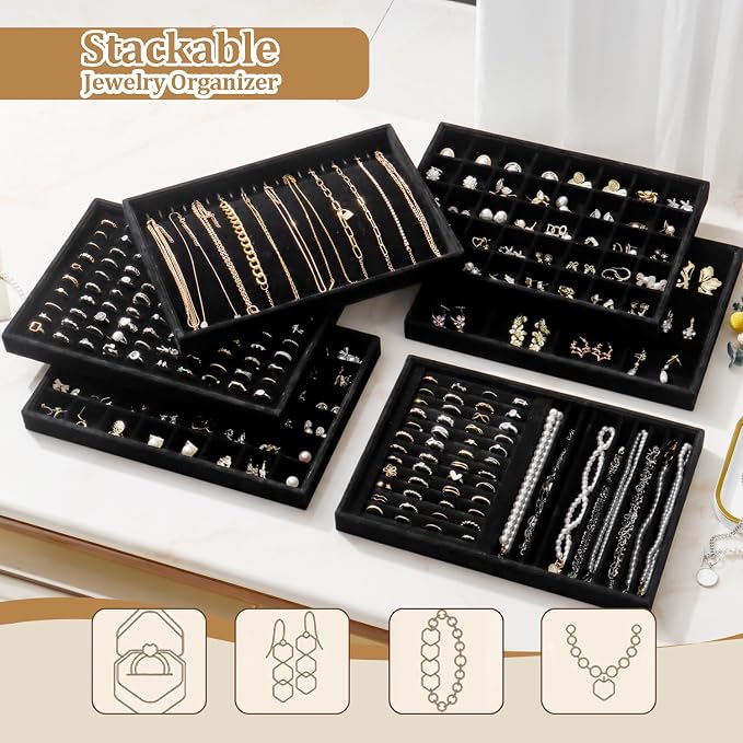 Large Velvet Jewelry Tray 2 Pack Stackable Jewelry Display Drawer Inserts Trays Organizer for Earring Bracelet Necklace Ring (Black, 48 Grids)