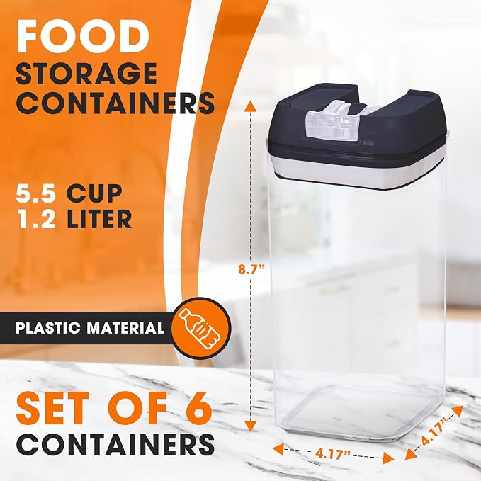 Set of 6 Airtight Food Storage Containers - Pantry Organizer Bins, BPA Free Plastic Containers plus Dry Erase Marker and Labels, Black