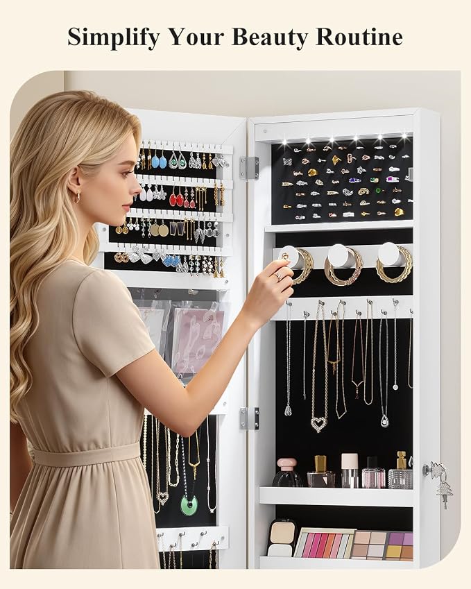 Wall Door Mounted Jewelry Cabinet 6 LED Jewelry Mirror Storage Organizer | Over the Door Jewelry Armoire Organizer, Lockable Full Length Mirror Hanging Jewelry Storage for Women (White-pro)