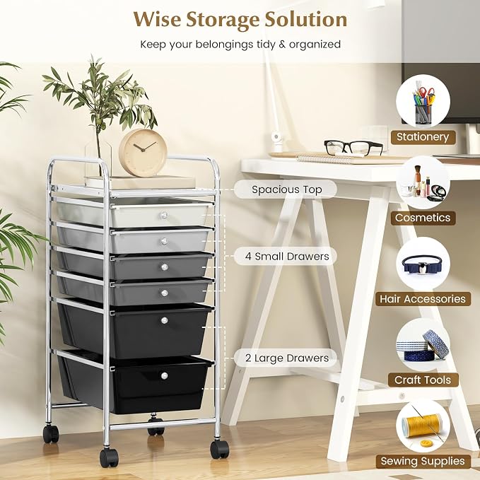 DREAMADE Rolling Cart with Storage Drawers, Utility Cart with Removable Plastic Drawers, Lockable Wheels, Art Cart for Classroom Organization Art Supplies Office Scrapbook (6 Drawers, Mixed-black)