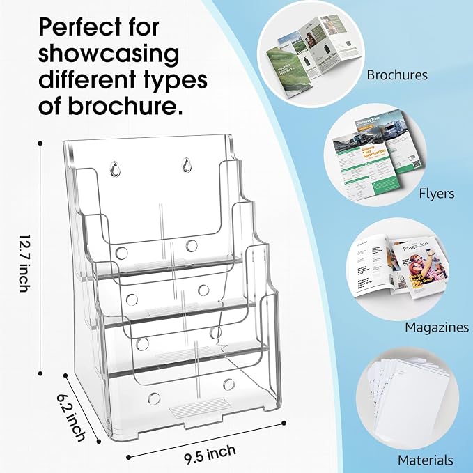 MaxGear 4 Tier Brochure Holder, 8.5 x 11, Removable Divider, 1 Pack | Clear Acrylic Material, Fits 8.5 x 11 Literature or 4 x 9 Brochures, Wall Mount or Countertop, Magazine Stand Display