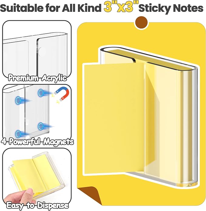 2 Pcs Sticky Note Dispenser, Magnetic Sticky Note Holder for Post It Notes, 3 x 3 Inch Acrylic Sticky Note Organizer for Office Home Classroom,Transparent