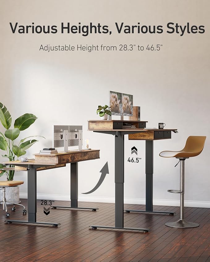 CubiCubi 55" x 30" Standing Desk with Drawers, Height Adjustable Electric Workstation, Computer Sit Stand Up Table with Large Storage Shelf 4 Drawers and 2 Hooks, Rustic Brown