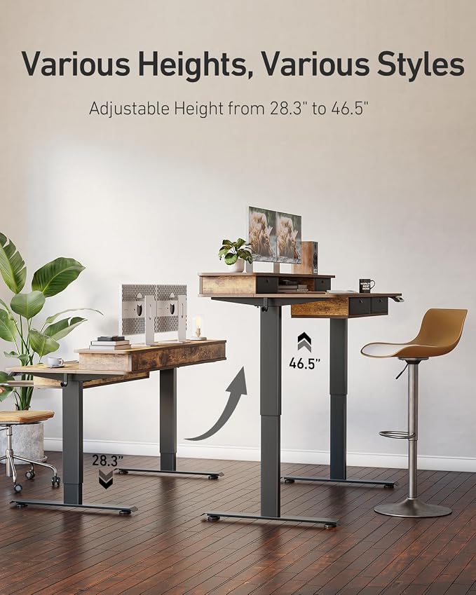 FEZIBO 55 x 30 inch Standing Desk with Drawers, Height Adjustable Electric Workstation, Computer Sit Stand Up Table with Large Storage Shelf 4 Drawers and 2 Hooks, Rustic Brown