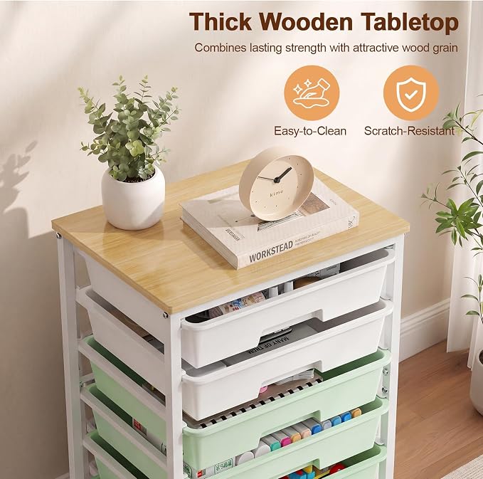 LEHOM Rolling Storage Cart with 8 Drawers, Utility Cart on Wheels with Metal Frame and Wooden Tabletop for Living Room Bedroom Dorm, Office Storage & Art Supply Craft Organizer for Classroom, Green