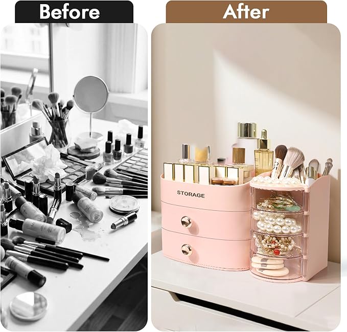XIAPIA Makeup Organizer Countertop, Make Up Organizer for Vanity | Skincare & Cosmetic Organizers with Drawers, Bathroom Storage for Brush Holder|Lipstick|Jewelry, Ideal Gift for Women, Pink