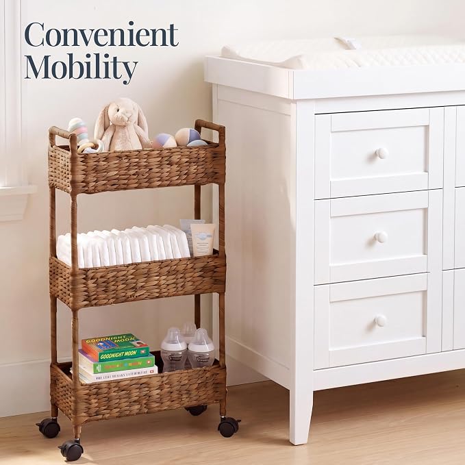 Best Choice Products 3-Tier Slim Water Hyacinth Rolling Nursery Caddy w/Wheels, Handwoven Utility Cart, Narrow Storage Organization for Bathroom, Craft Room, Laundry Room - Chestnut