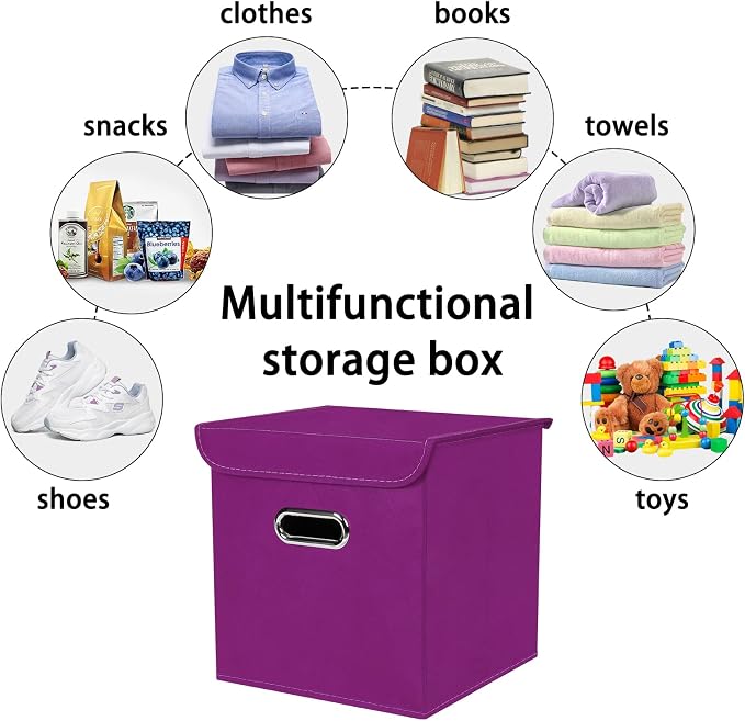 Closet Organizers Fabric Storage Bins With Lids Collapsible Cube Storages Organizer Basket With Handles,Storage Boxes for Clothes Storage,Office,Toys,3 Pack,（Purple