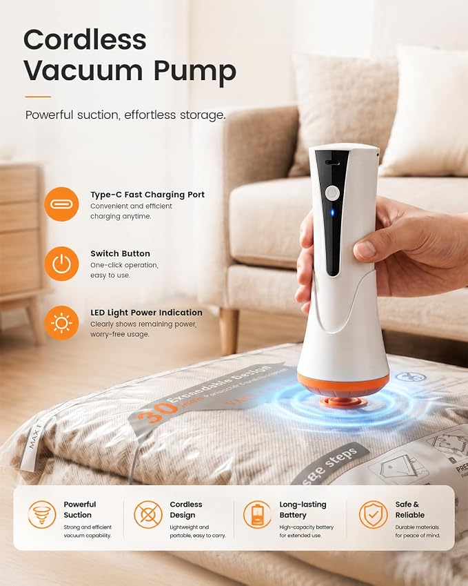 Vacuum Storage Bags for Travel & Home, Space Saver Bags with Rechargeable Cordless Air Pump, Compression Packing Bags for Packing, Luggage and Seasonal Storage (12 Combo Set)
