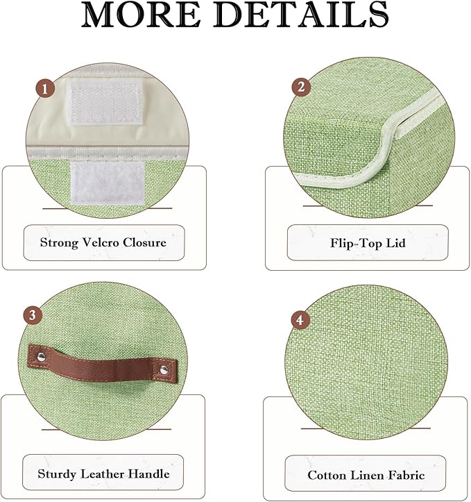 2PCS Collapsible Storage Boxes Baskets with Lid Cotton Linen Fabric Storage Bins with Faux Leather Handles Washable Cube Organizer Container for Home Closet Bedroom (Green, Large Size)