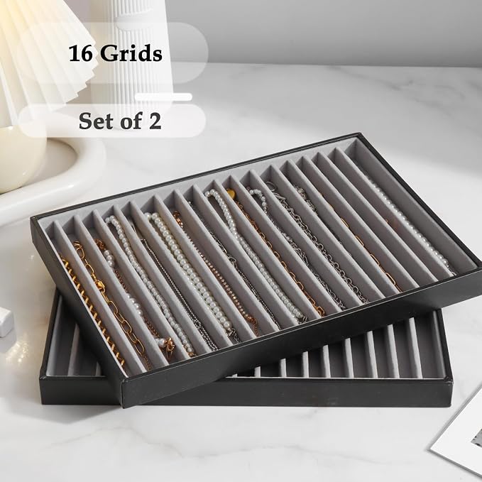 Large Jewelry Organizer Tray 2 Pack, Stackable Jewelry Storage Holder for Drawer Inserts, PU Leather Velvet Jewellery Display Case for Earring Bracelet Necklace Ring (Black Gray, 16 Grids)