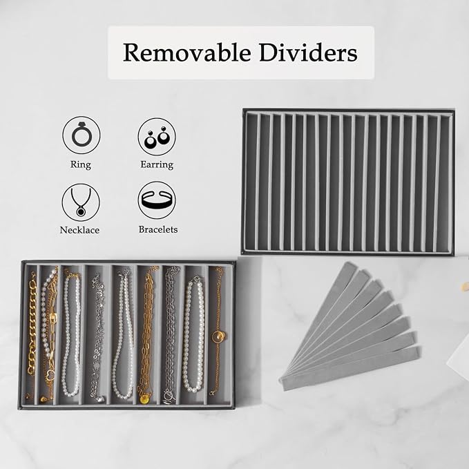 Large Jewelry Organizer Tray 2 Pack, Stackable Jewelry Storage Holder for Drawer Inserts, PU Leather Velvet Jewellery Display Case for Earring Bracelet Necklace Ring (Black Gray, 16 Grids)