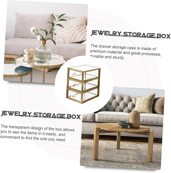 UKCOCO Transparent Drawer Jewelry Storage Box Nordic Style Desktop Organizer with Premium Alloy Frame Compact Space Saving Design for Home and Dormitory Use and Stylish Display Case
