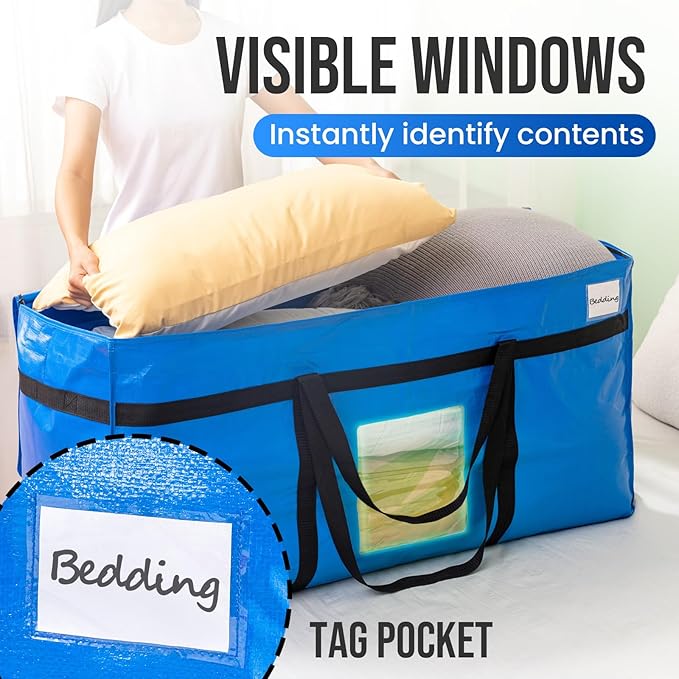 TAILI 69 Gallon Extra Large Storage Bags, XXL Blue Heavy Duty Moving Bags For Storage with Visible Window, Wrap Around Handles, Totes for Space Saving, Alternative to Moving Boxes