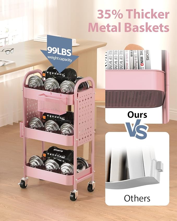 ALVOROG 3 Tier Metal Rolling Utility Cart with Pegboards,Baskets,Hooks,Pink | More Storage Craft Cart with Pegboards,Lockable Wheels,Hooks & Baskets to Organize Kitchen,Office,Bedroom and DIY Supplies