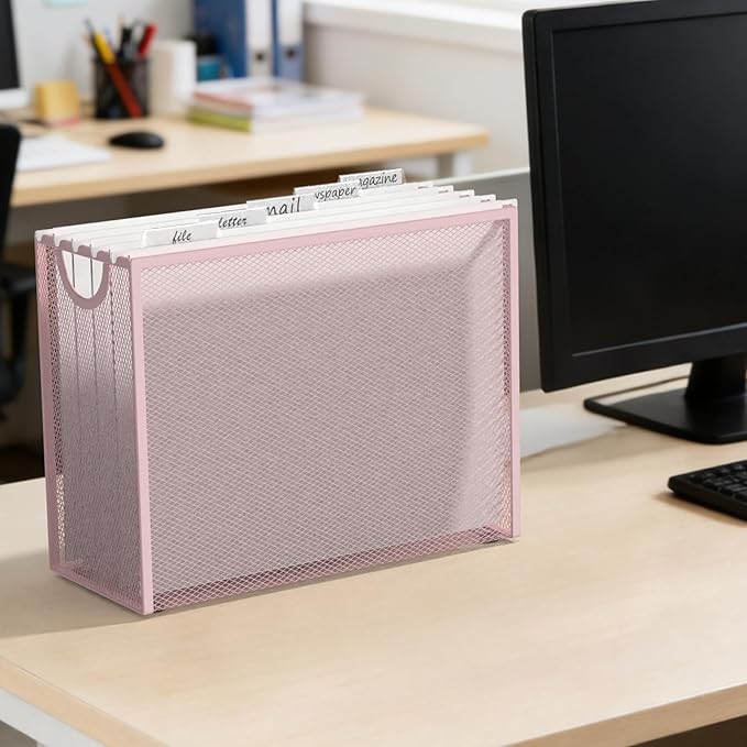 Sinboun Hanging File Organizer Letter-Size File Holder Filing Box Includes 5 Hanging Folders - Metal Mesh Magazine Letter Storage Cabinets File Cart for Office Home School, No Assembly Required Pink