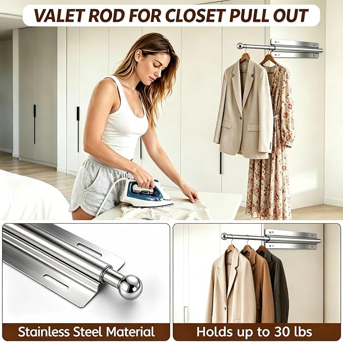 12 Inch Valet Rod for Closet Pull Out, Clothing Organizer (Silver, 1 Pack) | Stainless Steel, Holds Up to 30 Lbs, Resistant to Deformation, Fading & Rust, Easy to Install, Hidden and Space-Saving