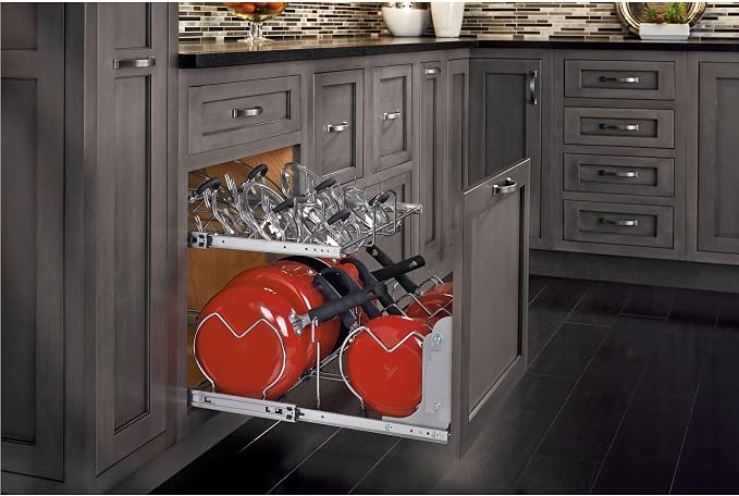 Rev-A-Shelf 2-Tier Kitchen Cabinet Pullout, Cabinet Organizer for Pots, Pans, and Lid Cookware, Adjustable Heavy Duty Wire, Chrome, Min Opening Width of 20.5", 5CW2-2122-C