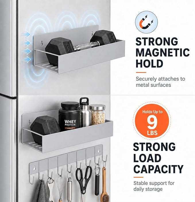 SMRCAD Metal Magnetic Spice Rack 4 Pack with Hook – Heavy-Duty | Iron construction, dust-resistant, fits condiment bottles, includes screws for optional wall mount