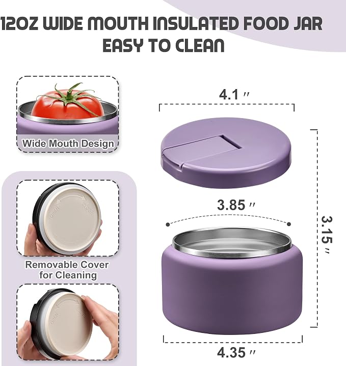 BOSEDSANG 13.5oz Soup Thermo for Hot Food Kids with Buckle Lid Insulated Vacuum Food Jar Wide Mouth Leakproof Stainless Steel Lunch Container -Purple