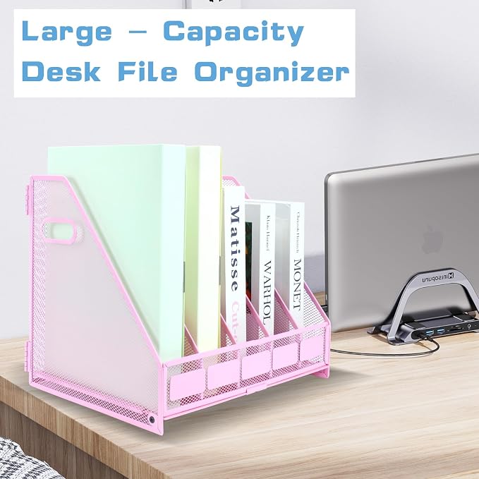 Desk Organizers Metal Magazine File Holder Racks Desktop Folder Storage Binder Organiser Document Organization for Home Office & Classroom,5 Vertical Compartments-Pink