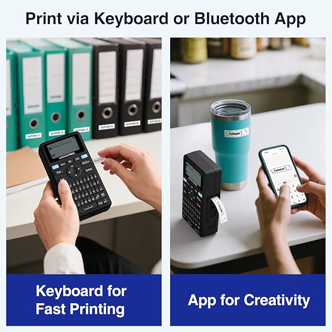 SUPVAN E11 Keyboard & Bluetooth Label Maker Machine with 4 Tapes, Black | Rechargeable, Versatile App with 30+ Fonts and 660+ Icons, Minimal Margin, Inkless, for School, Home, Kitchen, Office