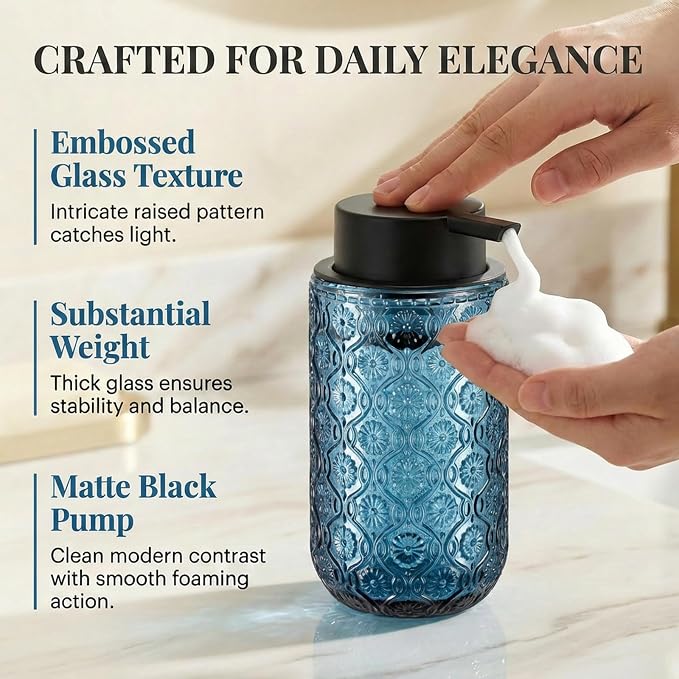 Blue Glass Foaming Hand Soap Dispenser with Matte Black Pump Thick Embossed Bottle Refillable for Bathroom and Kitchen Decor 13.5 oz
