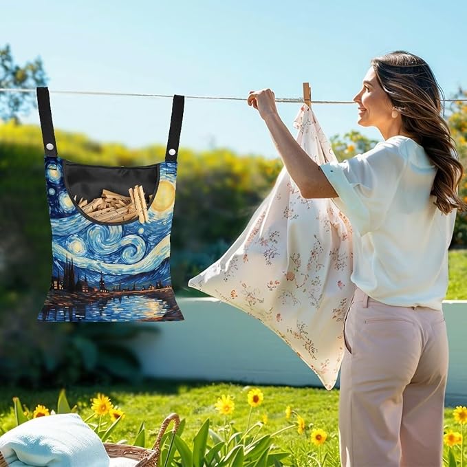 Van Gogh Starry Night Clothespin Bag with Hanging Rope 14.5 x 12 Inch Summer Waterproof Laundry Clothes Pin Holder Clothespin Storage Organizer with Large Opening