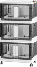 Folding Storage Organizer with Silent casters | Stackable Design for Home & Office, Heavy-Duty Plastic Storage Bin with Clear Door, 3 Sizes (19.5/23.5/27.5in),Black/White (19.7" 3 layer, White)
