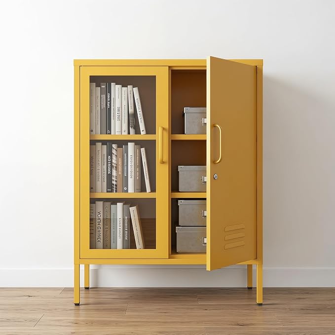 Metal Storage Sideboard with Lock, 33" H 2 Door Storage Cabinets with Adjustable Shelves, Durable Metal Accet Cabinet for Living Room Bedroom Entryway Yellow