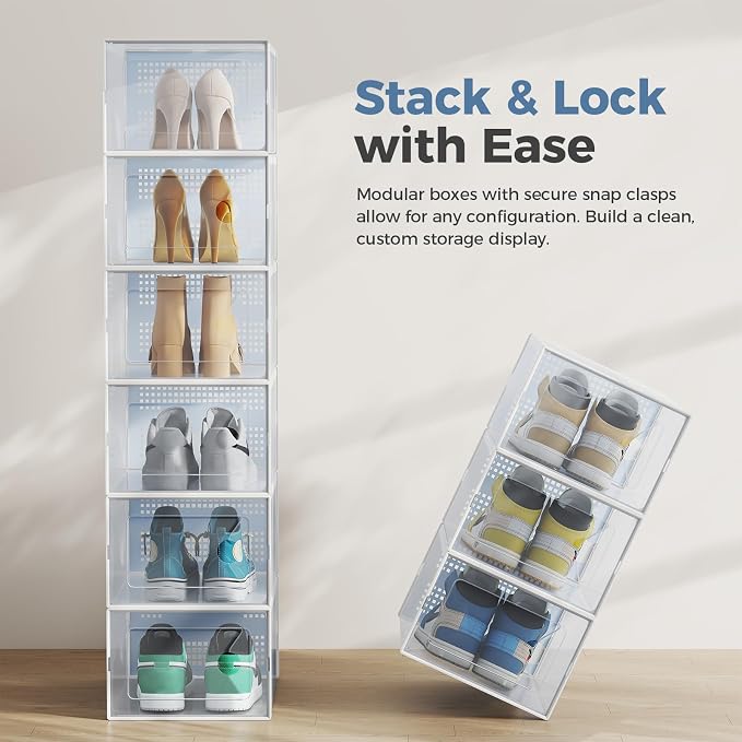 DUMOS Shoe Storage Boxes, 15 Pack Stackable Clear Shoe Containers with Lids, Display Sneaker Case Organizer for Closet, Under Bed, Entryway,White, Fit Size 11