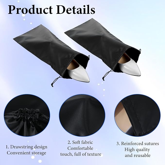 4 Pack Shoe Bags for Travel, Satin Fabric Shoe Bag with Drawstring for Men Women, Black Shoes Storage Bags for Travel Protecting Storing Shoes, Washable & Reusable, 17.7× 7.9 In (Black)