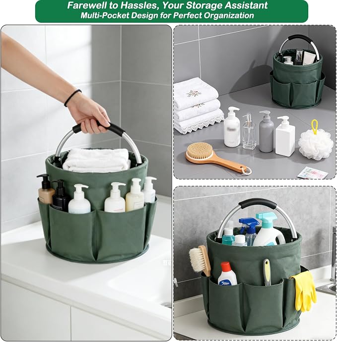 17L Foldable Cleaning Caddy with Handle, Cleaning Supplies Organizer Storage Basket with 6 Side Pockets, Portable Multi Cleaning Bucket Bag for Home Garden Bathroom Camping (Green)
