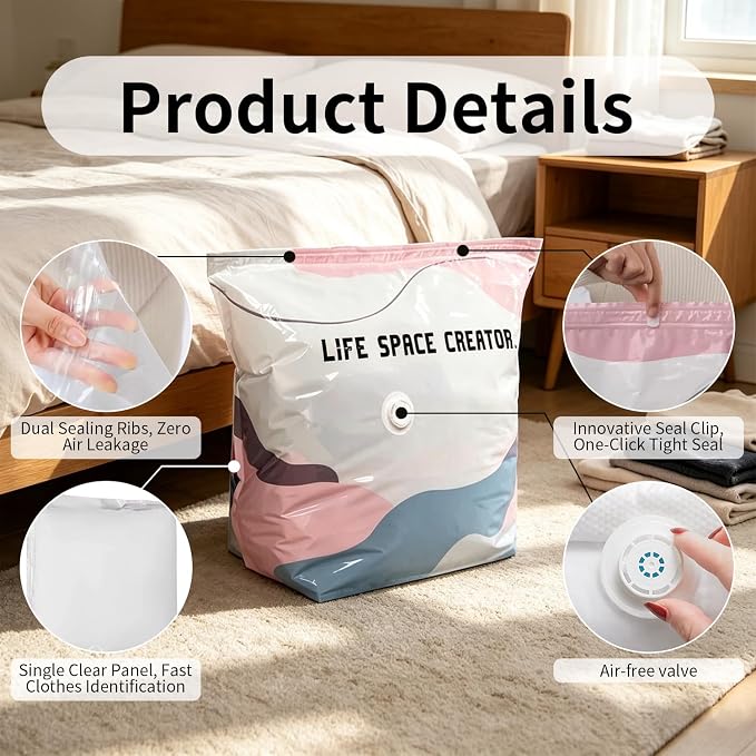 No-Pump Vacuum Storage Bags, Upgrade Large Compression Storage Bags, 3D Standing Upright Design, Pump-Free Press & Seal for Clothes, Comforters, Blankets, Bedding, (5Pack)