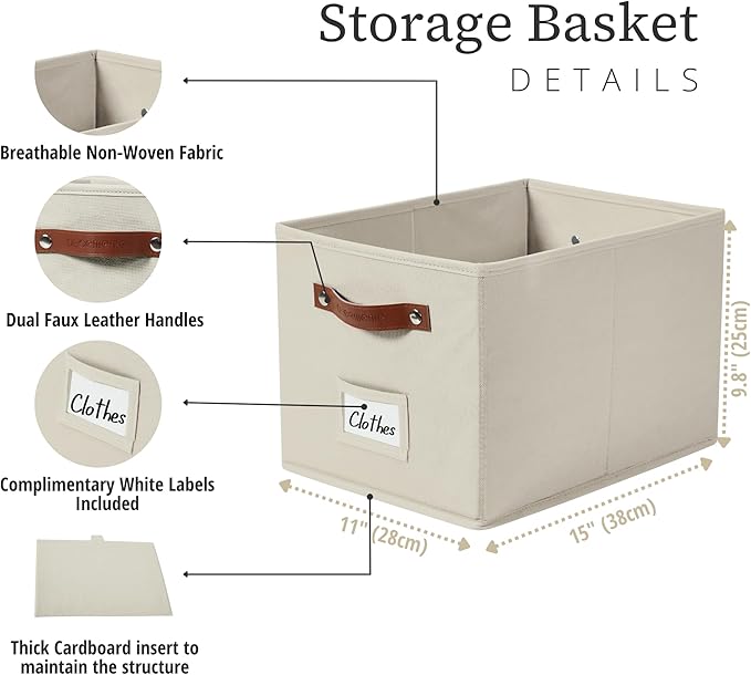 DECOMOMO Storage Bins, Large Fabric Baskets for Shelves, Beige (4 Pack) | 15" x 11" x 9.9" foldable closet organizers and storage bins with labels & handles