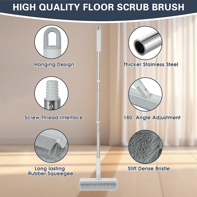 Floor Scrub Brush with Long Handle, 2 in 1 V-Shape Grout Brush with Squeegee + 2 Crevice Cleaning Brushes, Heavy Duty Stiff Bristle Scrubber Brush for Cleaning Shower Bathroom Kitchen Tile