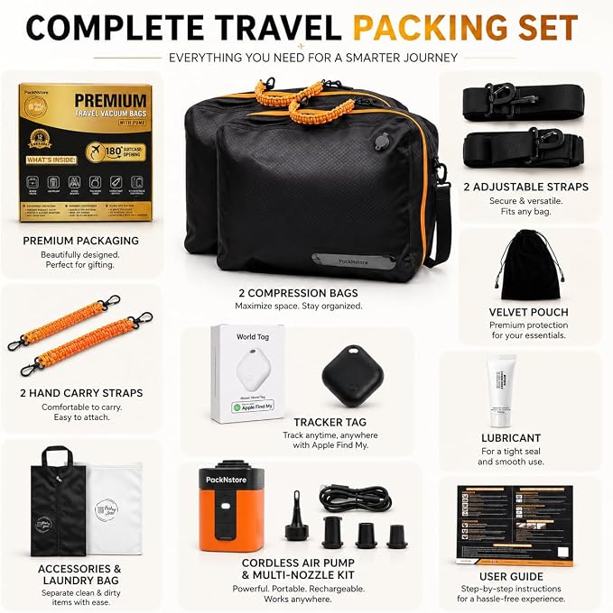 40L Premium Travel Vacuum Bags with Pump, 270° Open Carry on Suitcase Compression Bags for Luggage, Reusable TPU Zipper Seal, Vacuum Bags for Travel with Pump, 2 Pack Compression Kit, Straps & Tracker