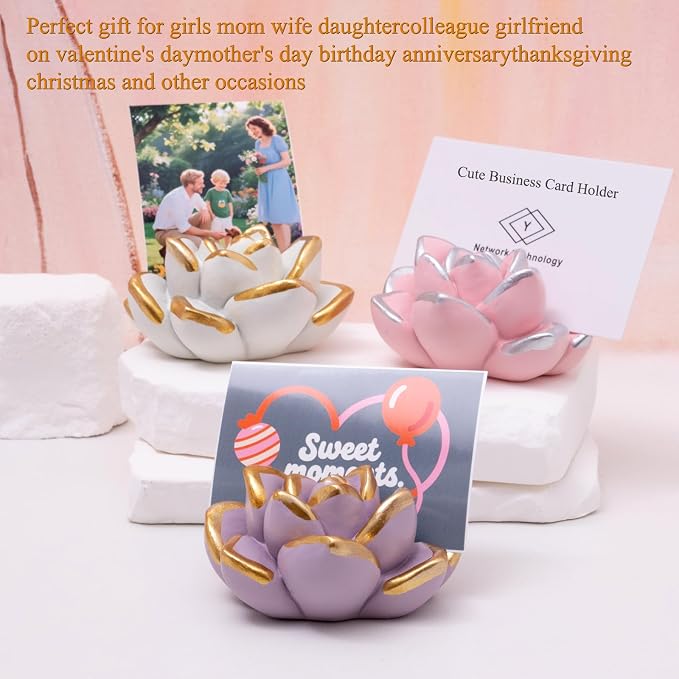 Resin Succulent Business Card Holder Set of 5 - White, Pink, Green, Purple, Yellow - Cute Card Display Stand for Store, Weddings and Office Desk Decor Accessories - Unique Gift for Women