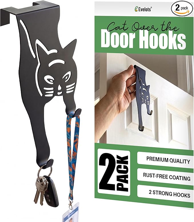 Evelots Cat Over The Door Hooks for Hanging-Set of 2 Black-Over The Door Organizer-Strong Metal Hooks