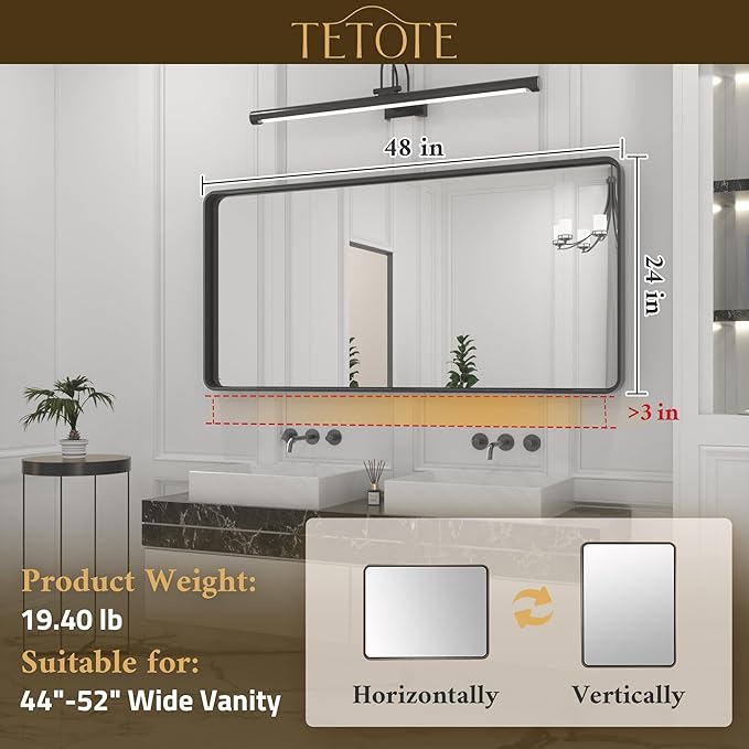 TETOTE 48 x 24 Inch Brushed Silver Frame Mirror, Bathroom Vanity Mirror for Wall, Modern Rectangle Round Corner Matte Framed Mirror (Horizontal/Vertical)