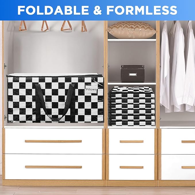 Extra Large Moving Bags Heavy Duty Storage Bags with Zipper Handles, BETU 16 Pack Clothes Storage Totes Bins Packing Moving Boxes, Moving Supplies for College Dorm Essentials, Space Saving,White Plaid