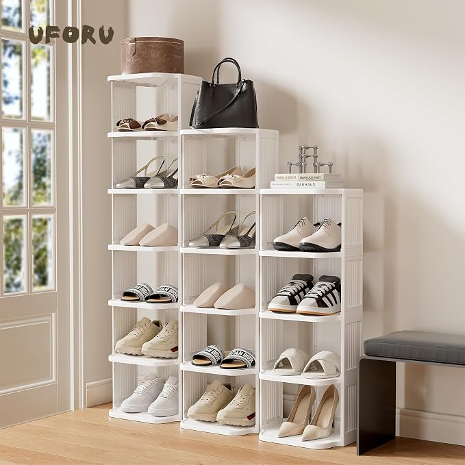 UFORU Vertical Shoe Rack, 6 Tiers Stackable Shoe Rack for Closet, Tall Standing Shoe Organizer, Small Shoe Shelf for Narrow Places Durable Plastic Construction (White)