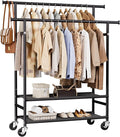 HYSEYY Clothes Rack,Double Rods Rolling Clothing Rack for Hanging Clothes,Portable Garment Rack with 2-Tier Storage Shelves,Free Standing Wardrobe Closet Coat Rack on wheels for Bedroom,Laundry Room