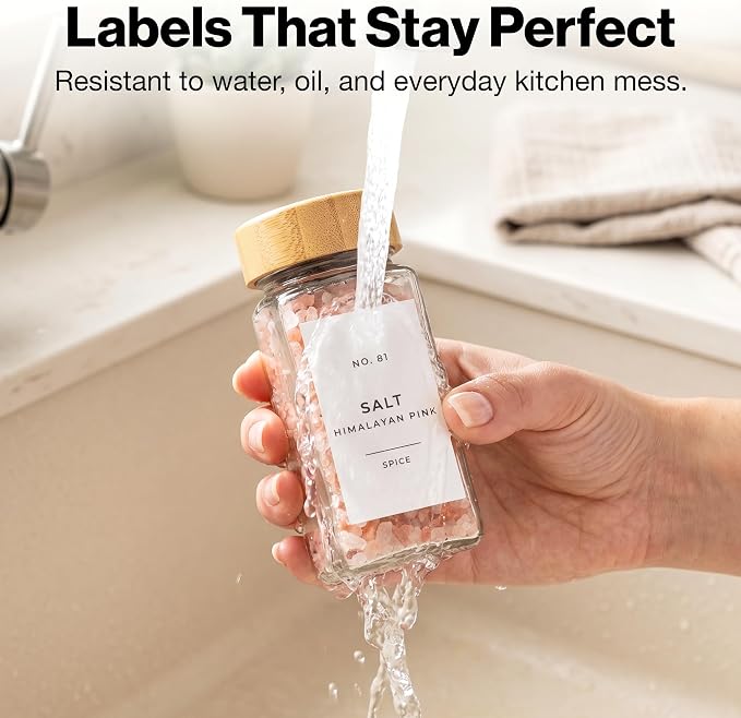Minimalist Spice Jar Labels Self-Adhesive - 240 Stickers for Spice Jars, Spice Jars & Drawers, Round & Rectangular, Waterproof Spice Organiser Labels for Kitchen Organisation (White)