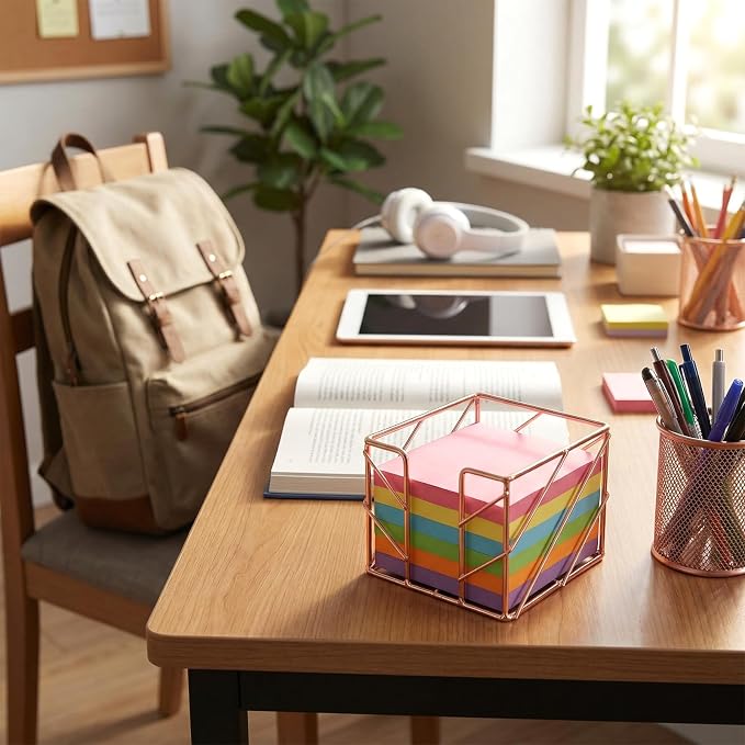 Sticky Note Holder, Multifunctional Sticky Notes Holder 3.9x3.9 Inches Desktop Organizer, Rose Gold Desk Accessories, Metal Gold Office Supplies for Home Office Decor