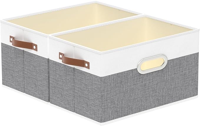 Yawinhe Fabric Storage Baskets,13.0x9.1x7.9in,White/Grey,2-Pack | Foldable Storage Bins for Shelves, Closet Bins for Organization, Collapsible Storage Baskets for Towels, Rectangle Basket