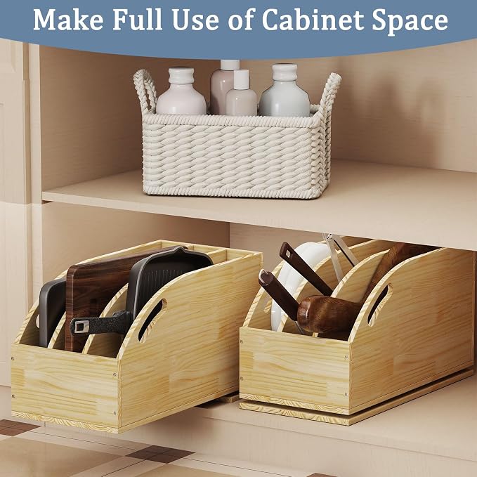 Pull Out Cookie Sheet Organizer for Cabinet, Wooden Cutting Board Organizer Rack with Vertical Tray Dividers, for Storage Pans, Baking Tray, 10.5''W X 21" D X 10.6" H