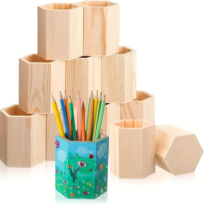 5 Pack Wooden Pencil Holder Cups, DIY Desk Organizer, 3.9in | Wooden Pencil Holder | DIY Pencil Cup